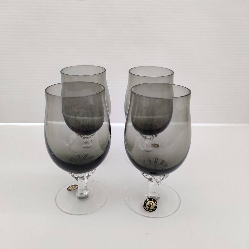 Vntg Handcrafted Sasaki Coronation Smoky Grey Crystal Wine Glass Set.